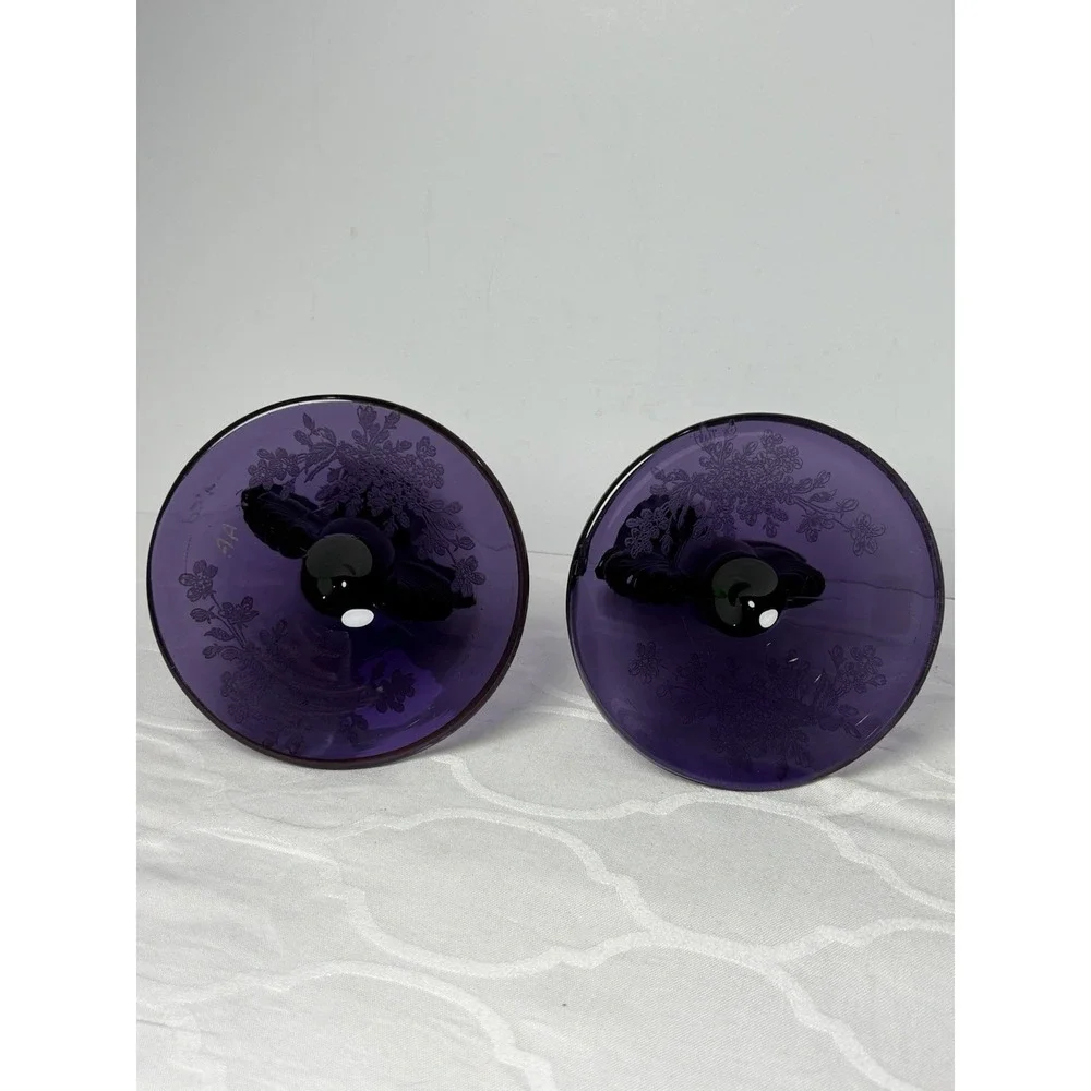 2 VTG Paden City Purple Amethyst Glass Art Deco Candlesticks Maya Ardith Etching